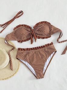 Swim Mod Conjunto de bikini de 2 piezas con lunares, color marrón dulce, con patrón de lunares blancos clásicos sobre base marrón, diseño retro elegante y lindo con copa suave sin tirantes y decoración de moño, Bottom triangular de talle alto que favorece la cintura y las caderas, adecuado para la playa, la piscina y fiestas en primavera y verano - Marrón - Ver 8
