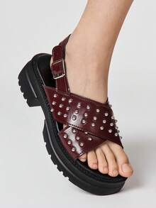 ROMWE Grunge Punk Women's Silver Criss-Cross Strap Roman Sandals, Punk Riveted Platform Wedge Summer Beach Vacation Shoes Summer Shoes - Brown matte - View 3