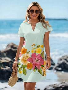 Sylviya 女士休闲碎花V领短裙，适合春夏度假穿着。 - 彩色 - 查看 3