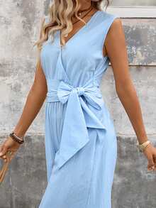 Brillora Bộ áo liền quần dệt kim màu trơn dành cho nữ, thích hợp cho mùa xuân/hè. - Màu xanh nhạt - Xem 3