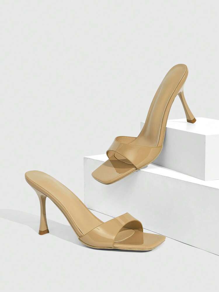 CUCCOO SZL Women Shoes Classic Simple Fashion Women's High-Heeled Sandals Patent Leather Thin Heel Mueller Drag Square Toe Word Belt Design Workplace Commuting Dating Out Of The Street Light Luxury Dinner Versatile Fashion Women's Shoes Spring Shoes