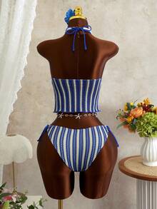 Bellisia Áo bikini mùa hè cho nữ với họa tiết sọc sóng và trang trí vỏ sò, bộ bikini 2 mảnh thời trang đi biển. - Nhiều màu - Xem 3