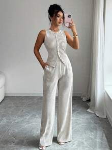 SHEIN Elenzya Women's Striped Print Pocket Elastic Waist Casual Pants, Spring/Summer - Apricot - View 8