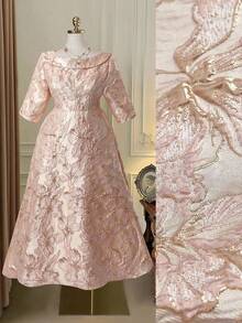 Reflora 大码女士优雅提花长袖中长连衣裙，适合派对和外出，秋冬季 - 粉色 - 查看 7