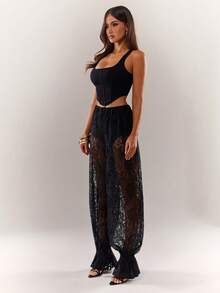 Radiana Women's Fashionable Casual Sexy Sheer Lace High Waist Ruffle Harem Pants, Spring/Summer, Everyday Wear, Music Festival, Versatile, Tropical, African Print, Caribbean, Havana Nights, Jamaica, Coachella, BOHO, Bohemian, Outing, Resort, Beach Vacation, Holiday, Seaside, Western Wear, Concert, Carnival Party, Richly Layered, Date Night, Ibiza, Nashville, Break, Modest, Chic, Club, Cute, Casual, Shopping, Streetwear, Going Out, Easy To Match&Looks Slim, Accent Your Body, Flatter The Figure - Black - View 6