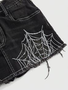 ROMWE Goth Dark Spider Web Embroidery Super Low-Waist Women Denim Mini Skirt - Black - View 4