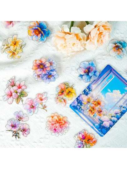 30 Pcs 3D Gold Foil Laser PET Stickers, Flower & Plant Pattern, For Journal Scrapbooking DIY Craft Background Decoration, Random Style