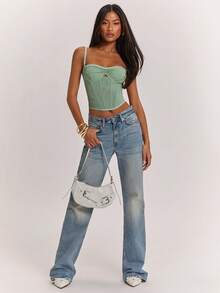 SHEIN BAE 鼠尾草绿镂空鱼骨网眼针织露脐上衣，沙滩度假，夏季 - 綠色 - 查看 6