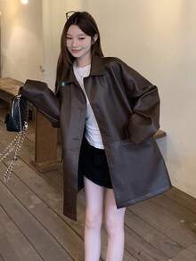 DAZY 女士休闲纯色翻领长袖韩版PU皮夏季外套 - 咖啡棕 - 查看 5