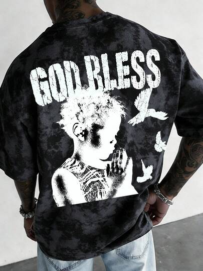 Manfinity EMRG 男士复古水洗字母印花圆领短袖休闲T恤，上帝保佑宽松印花T恤