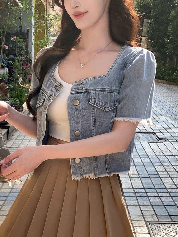 Women's Square Neck Washed Denim Casual Girly Blouse Cute Tops