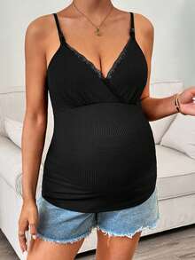 SHEIN Maternity Solid Color Contrast Lace Ribbed Camisole - Black - View 4