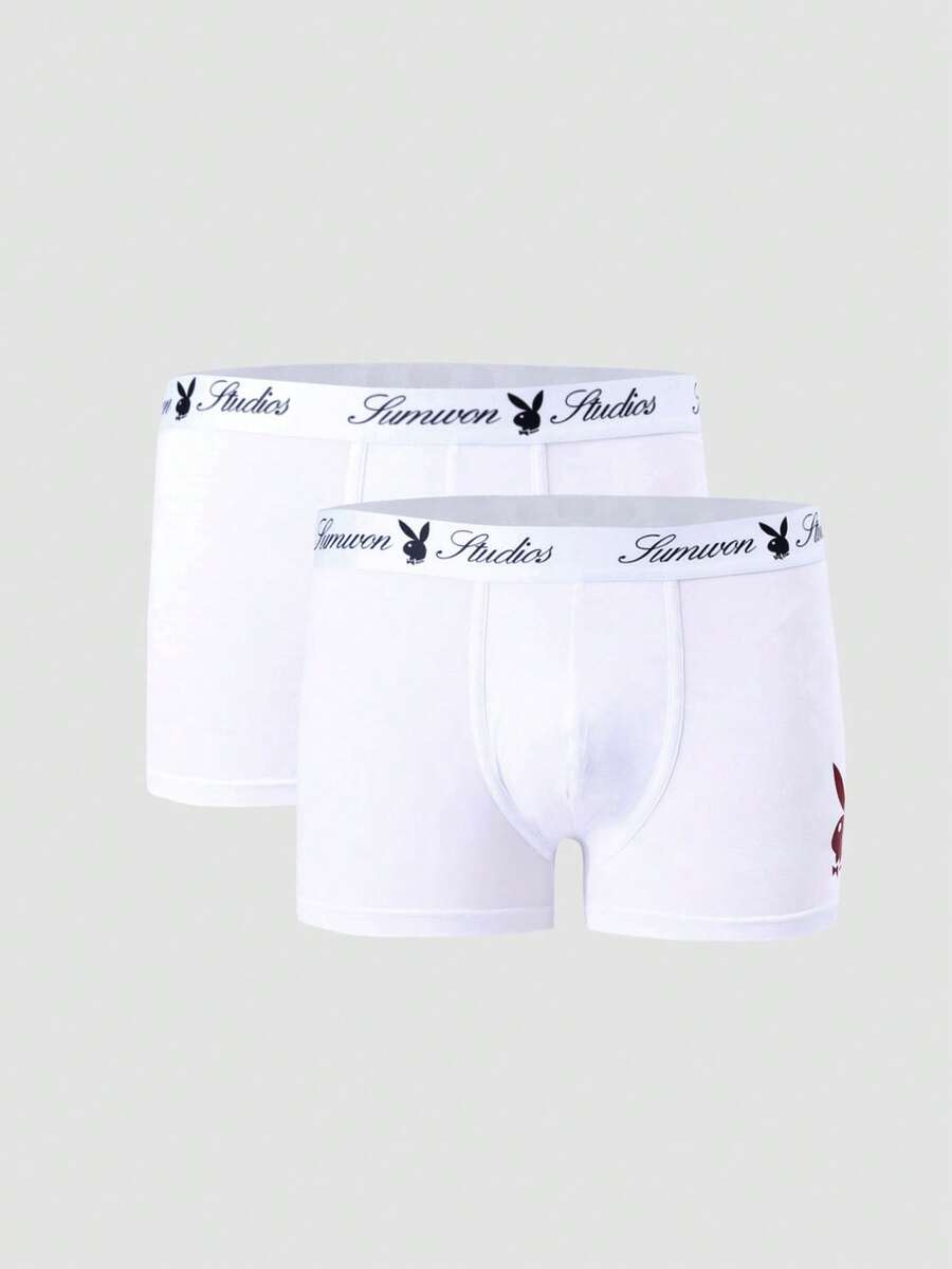 PLAYBOY X SUMWON 男士兔子图案印花平角内裤两件装，夏季舒适家居服 - 白色 - 查看 1