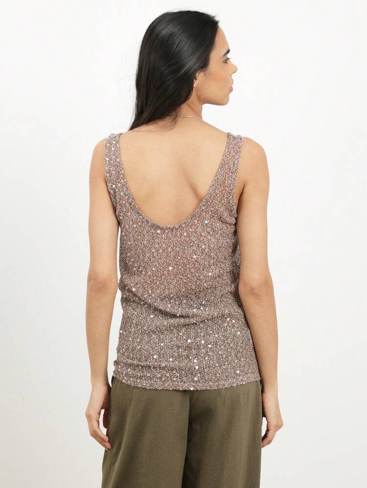 KSTM Sparkling Sequined Tank Top With Scoop Neckline And Glamorous See Through Fabric For Evening Occasions Party Wear Sleeveless Shimmer Camisole