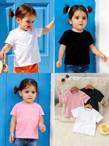 SHEIN Playful Pals 3件套女婴舒适休闲百搭白色、粉色、黑色可爱短袖上衣，春夏款，女童服装，幼儿上衣，适合拍照、日常穿着、返校、外出、居家、度假、送礼 - 彩色 - 查看 2
