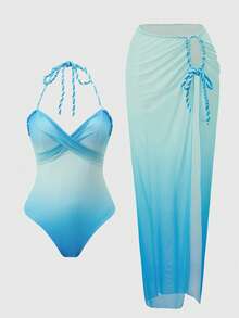 Swim Oasis Bộ áo tắm liền thân cổ yếm phối màu ombre dành cho nữ, kèm áo khoác ngoài và chân váy cùng màu, hoàn hảo cho kỳ nghỉ. - Màu xanh lam - Xem 2