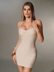 Nuvra Áo croptop dây mảnh màu trơn, hở lưng, ôm sát, kiểu băng quấn thanh lịch, thích hợp cho tiệc tùng và hẹn hò, mùa xuân/hè. - Màu be - Xem 6