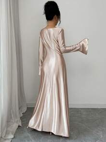 Modelyn Spring & Summer Long Sleeve Draped Neck Waist Cinched Dress With Pearl Decor, Satin Fabric - Apricot - View 3