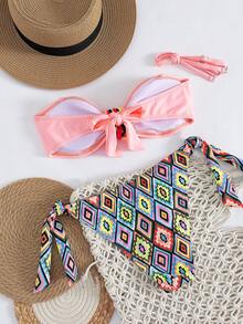 Swim Mod Swim Lushoire Neuankömmling Damen 2-teiliges elegantes Y2K scharfes Boho Pink&Schwarz Bandeau Bikini Set, geometrisches Druckmuster Bademode mit abnehmbarem Träger, geflochtene Knoten Detail vorne & Seitenbindung unten, romantische tropische Strandmode perfekt für Sommer Strandurlaube, Pool Partys & Resort Ausflüge, Musikfestivals, Hochzeitsferien - Verschiedenfarbig - Übersicht 2