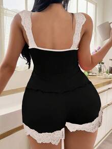 SHEIN Lace Trim Camisole & Shorts Pajama Set For Women - Black - View 2