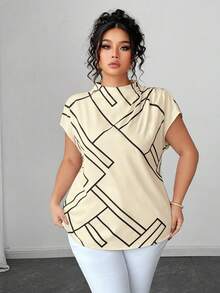 Elenzga 大码女式夏季几何不对称条纹度假风立领无袖褶皱肩部宽松休闲衬衫 - 卡其色 - 查看 4