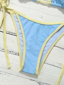 Swim Vcay 女士夏季沙滩撞色吊带系带性感比基尼和三角泳裤套装 - 彩色 - 查看 4