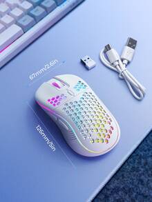 Teckwe 无线游戏鼠标 Honeycomb 2.4G USB 无线鼠标 RGB 可充电 PC 游戏鼠标带 LED 灯，无阻力伞绳，符合人体工程学，适合家庭游戏和办公室使用万圣节礼物 - 白色 - 查看 6
