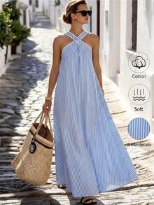 Louniche Women's Summer Cotton Blue Striped Criss-Cross Spaghetti Strap A-Line Sleeveless Open Shoulder Maxi Dress, Sexy Vacation Style, Bohemian Flowy Long Dress For Spring/Summer - Blue - View 6