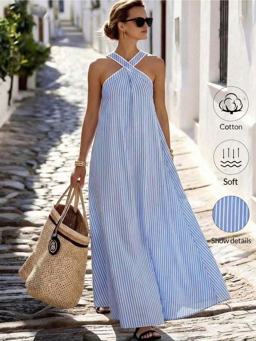 Louniche 女士夏季棉质蓝色条纹交叉吊带A字无袖露肩长裙，性感度假风，波西米亚飘逸长裙，适合春夏穿着 - 藍色 - 查看 1