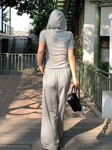 DAZY 女式韩版连帽纯色褶皱蝴蝶结抽绳短袖上衣和长裤两件套夏季 - 灰色 - 查看 2