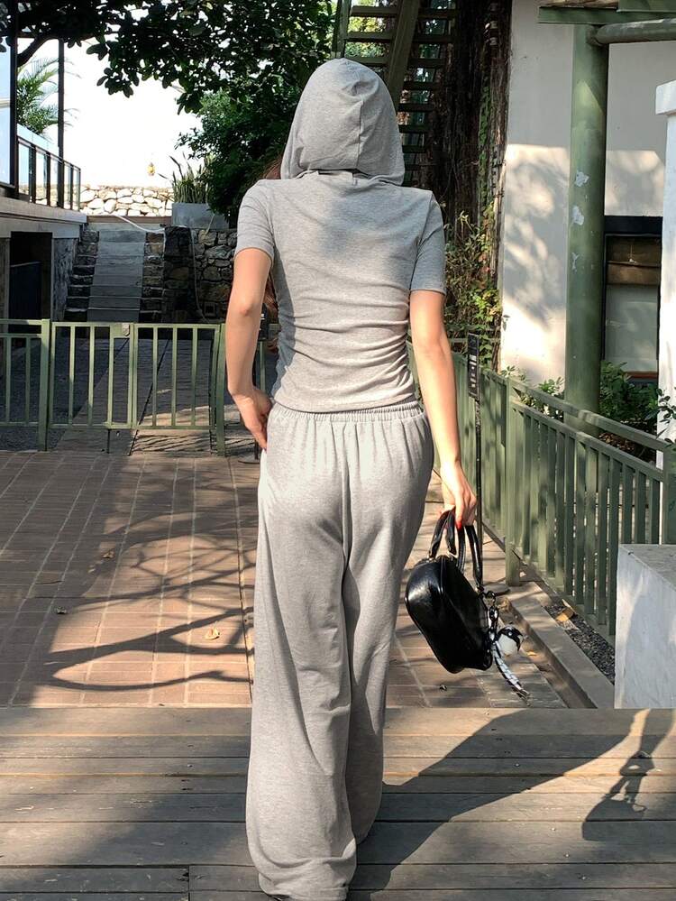 Women's Korean Style Hooded Solid Color Pleated Bow Tie Drawstring Short Sleeve Top And Long Pants 2-Piece Set Summer