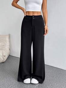 SHEIN PETITE 纯色高腰直筒喇叭裤 - 黑色 - 查看 6