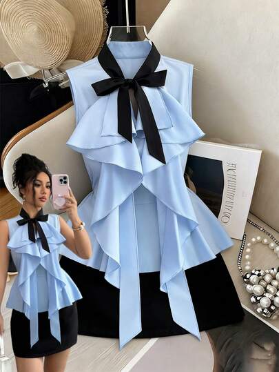 Elenzga Women's Fashion New Spring/Summer Woven Colorblock Bow Collar Ruffle Hem Cinched Waist Elegant Date Sleeveless Blouse