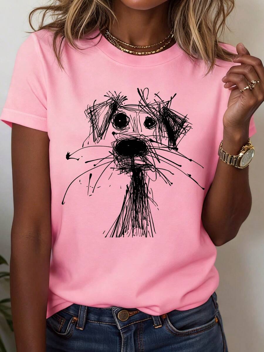 EMERY ROSE Camiseta de mujer de manga corta con cuello redondo y estampado casual de perro garabateado - Rosa Pálido - Ver 1