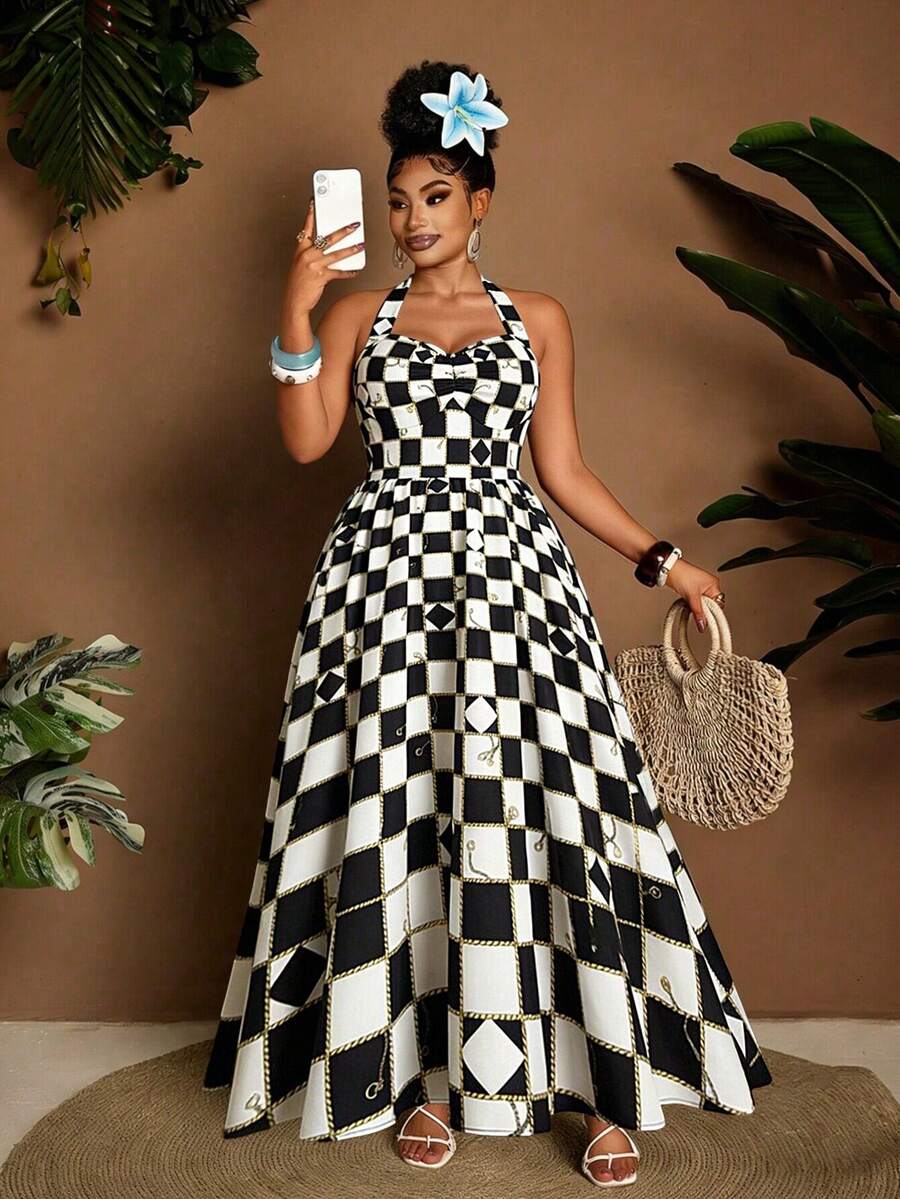 Maweii Vestido maxi de alta gama para vacaciones y citas en la playa, con diseño elegante en blanco y negro a cuadros, cuello con lazo, fruncido en el pecho y cintura, cordón en la espalda, para mujeres de talla grande - Blanco y Negro - Ver 1