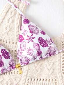 Swim Mod 2件套夏季度假随机印花金色贝壳装饰挂脖比基尼上衣和高衩泳裤性感泳衣套装 - 彩色 - 查看 1