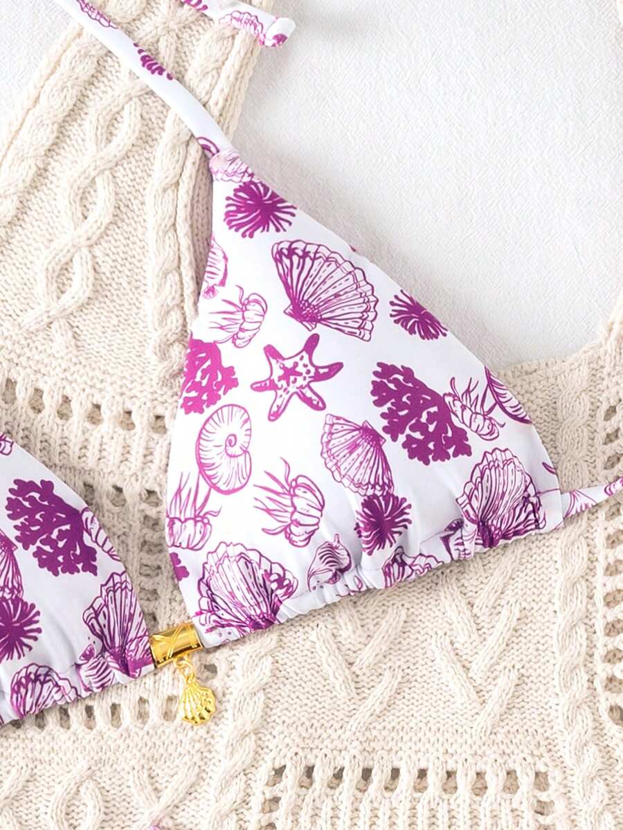 Swim Mod 2件套夏季度假随机印花金色贝壳装饰挂脖比基尼上衣和高衩泳裤性感泳衣套装 - 彩色 - 查看 1