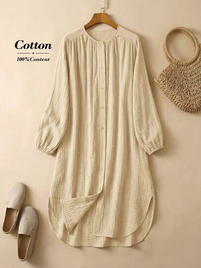 Rusticease Women's Casual Vacation Style Solid Color Lantern Sleeve Single-Breasted Loose Dress, Spring/Autumn