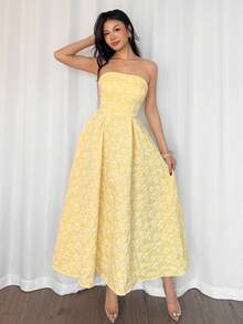 Firerie Vestido midi de talle alto y línea A, con textura, elegante y romántico para mujer, sin tirantes, color amarillo, adecuado para citas, vacaciones y fiestas - Amarillo - Ver 8