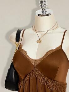 SHEIN ICON 大码女士缎面蕾丝拼接黑色吊带裙 - 棕色 - 查看 6