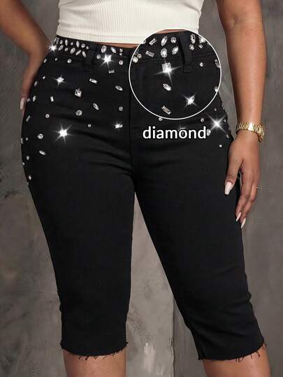 Slaydiva Plus Size Fitted Rhinestone Bermuda Frayed Hem Casual Denim Shorts, Suitable For Campus And Outdoor Activities Party Luxury Diamond Sparkling Pearl Shiny