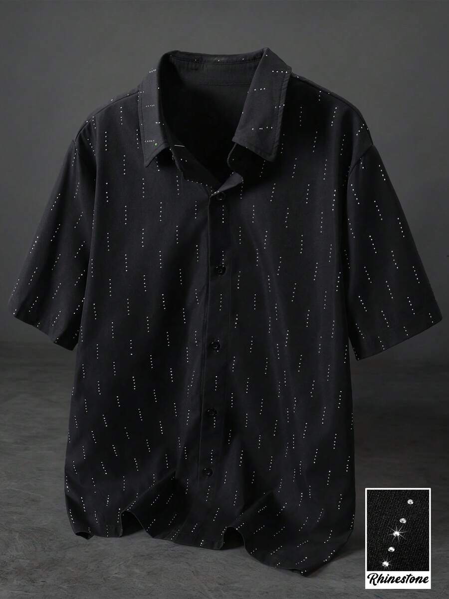 STYNVO 男士夏季休闲百搭水钻装饰衬衫 - 黑色 - 查看 1