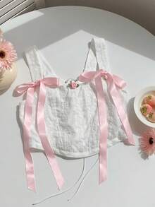 Comfortcana 女士优雅蝴蝶结装饰刺绣交叉露背短款背心，夏季 - 白色 - 查看 3