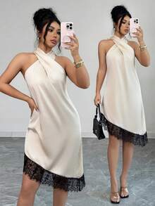 Elenzga Women's Elegant Summer Satin Criss-Cross Backless Mini Dress, Lace Trim, Suitable For Evenings, Cocktail Parties, Formal Occasions, Sleeveless Dress For Holidays, Nights Out, Wedding Guests, Spring/Summer/Fall, Shoulder-Baring Style - Apricot - View 3