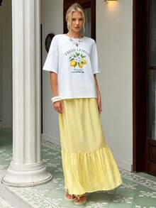 MainGRL 女士休闲柠檬印花T恤和裙子两件套 - 白色 - 查看 4