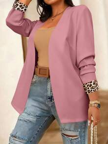 EMERY ROSE Plus Size Women Casual Long Sleeve Blazer Jacket With Leopard Print Patchwork - Pink - View 3