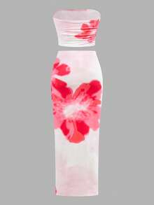 SHEIN Tween Girl Tropical Print Halter Maxi Dress 2 Pieces Set, Pink Vacation Style - Pink - View 2