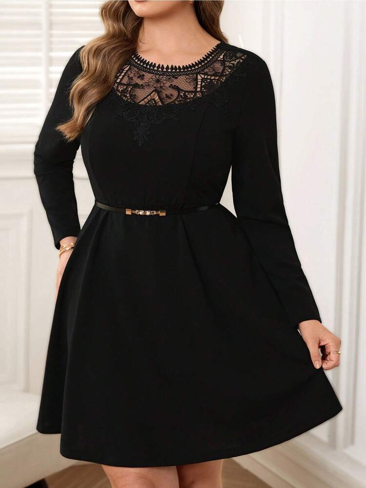 Plus Size Elegant Black Lace Patchwork Dress,Wedding Guest Dress For Women Plus Size Black Elegant Dress Long Sleeve Elegant Dress Black Elegant Dress Curve Women Plus Dress