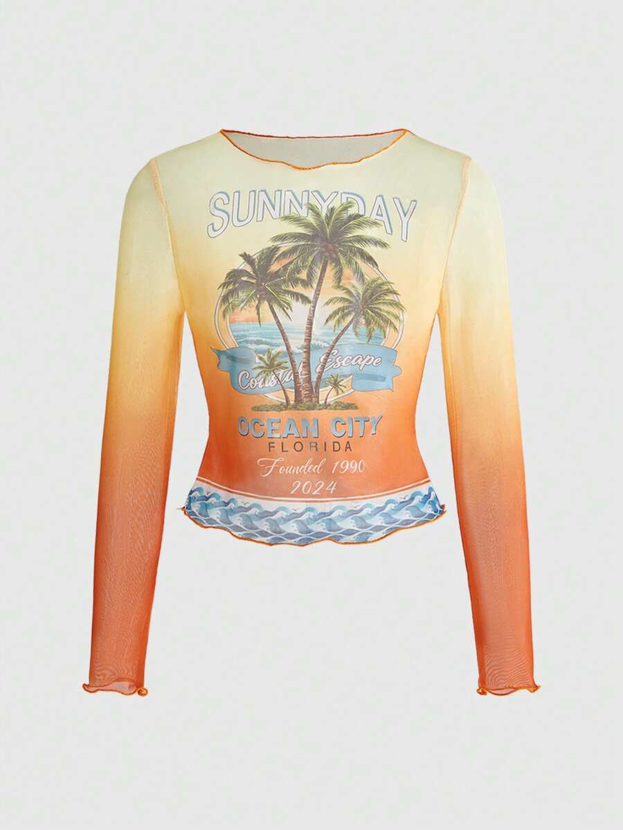 ROMWE Avant 女士度假风渐变棕榈树日落印花薄纱衬衫 - 黃色 - 查看 1