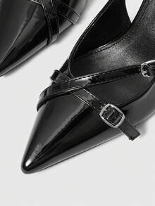 Sleekvia 女士尖头搭扣性感细高跟一脚蹬派对通勤鞋女士高跟鞋低鞋面春季鞋皮革亮面PU - 黑色漆皮 - 查看 8
